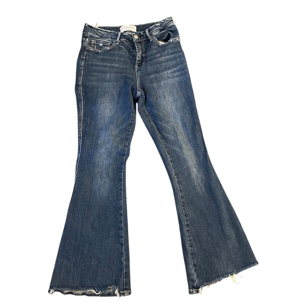 Flying Monkey High Rise Flare Jeans Womens Size 27 Dark Wash Distressed